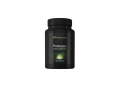 Puradyme Protease bottle with clear label, supports digestion and protein breakdown.