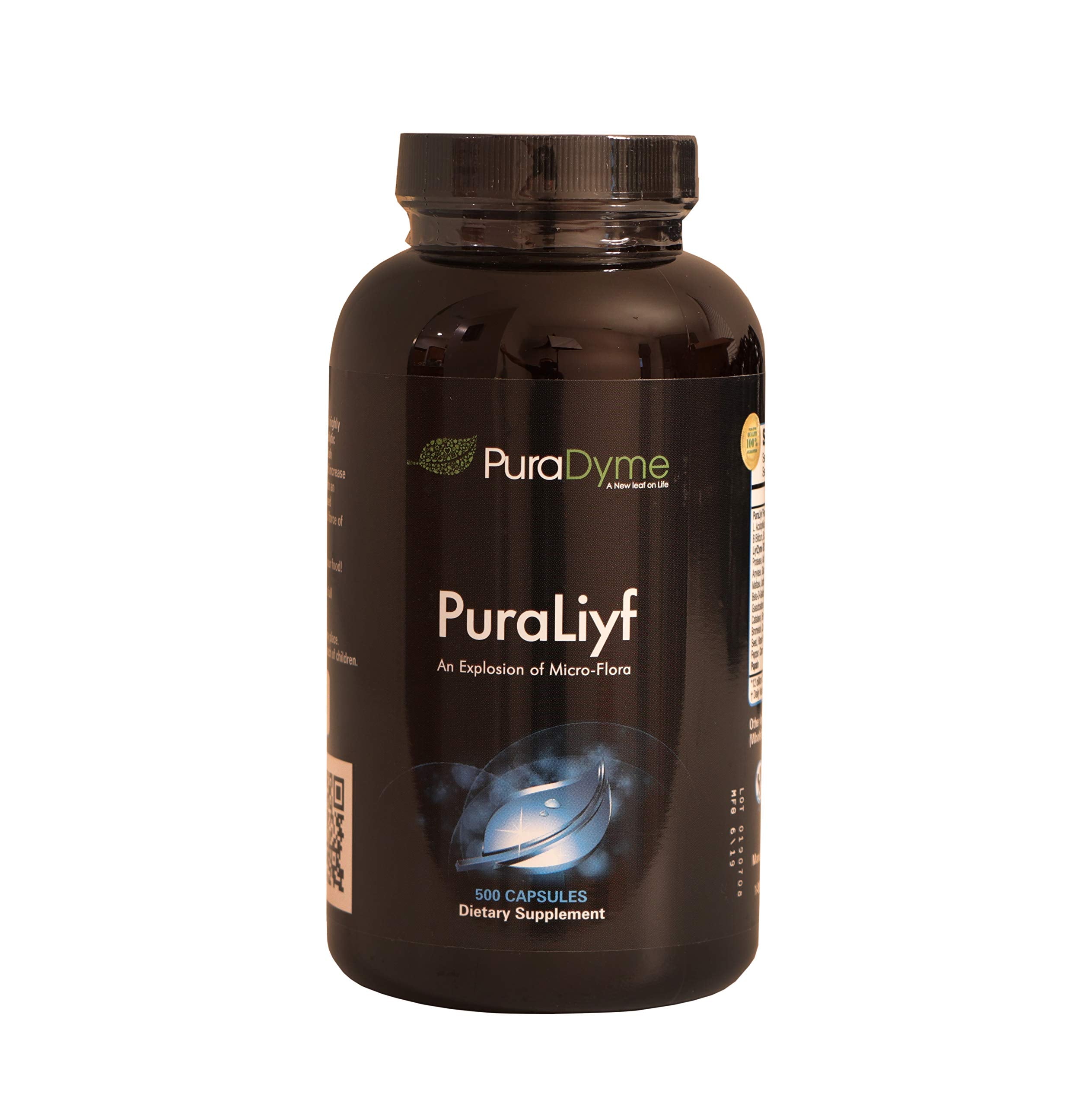 Puradyme PuraLiyf bottle label highlights a probiotic blend for daily gut support.