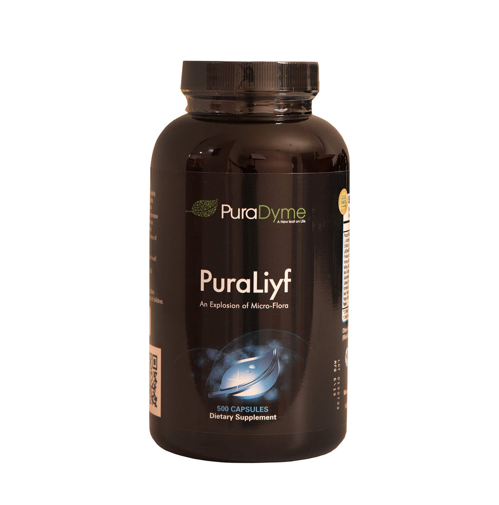 Puradyme PuraLiyf bottle label highlights a probiotic blend for daily gut support.