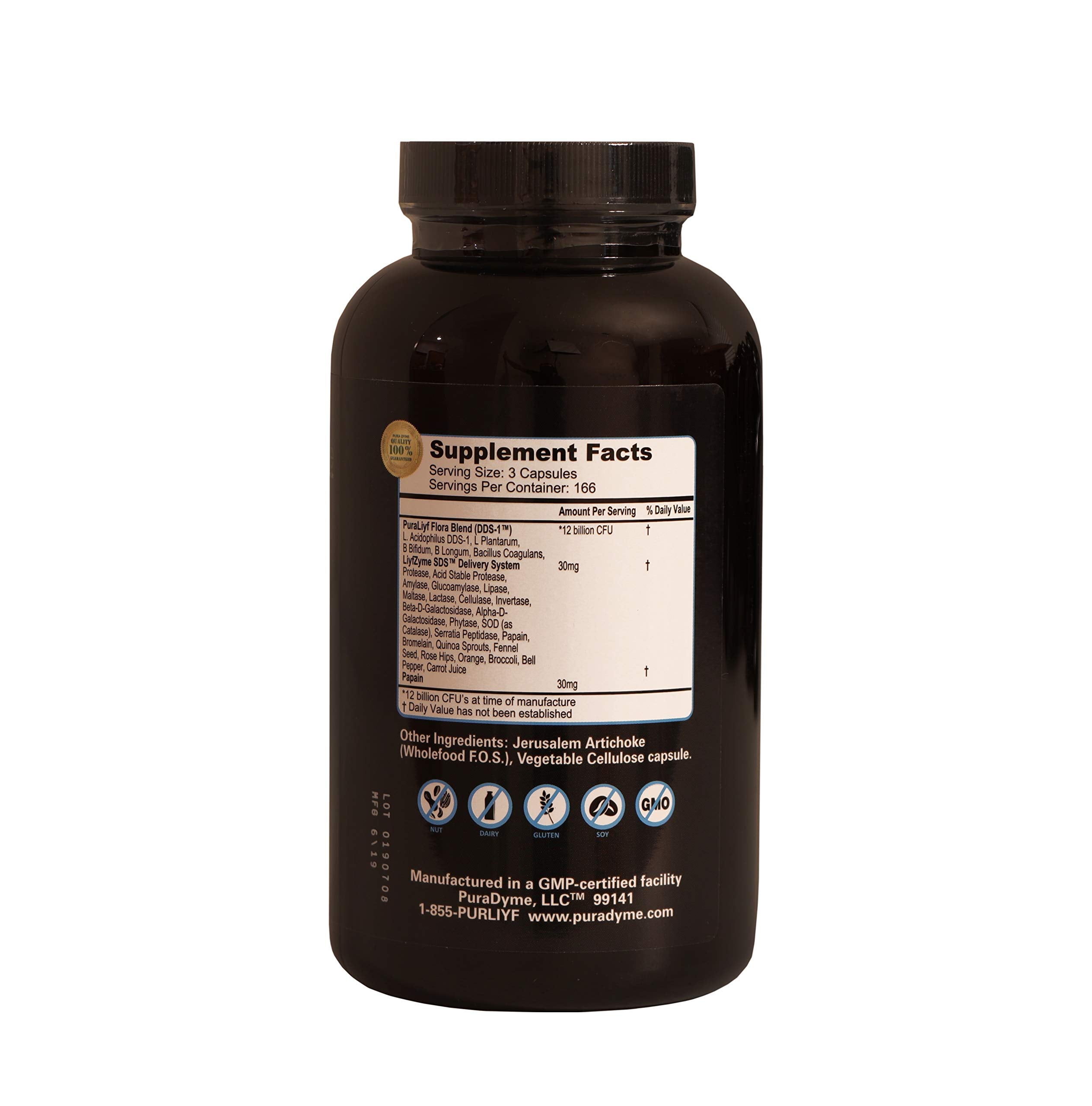 Puradyme PuraLiyf capsules closeup emphasizes enzyme-enhanced probiotics for digestion support.