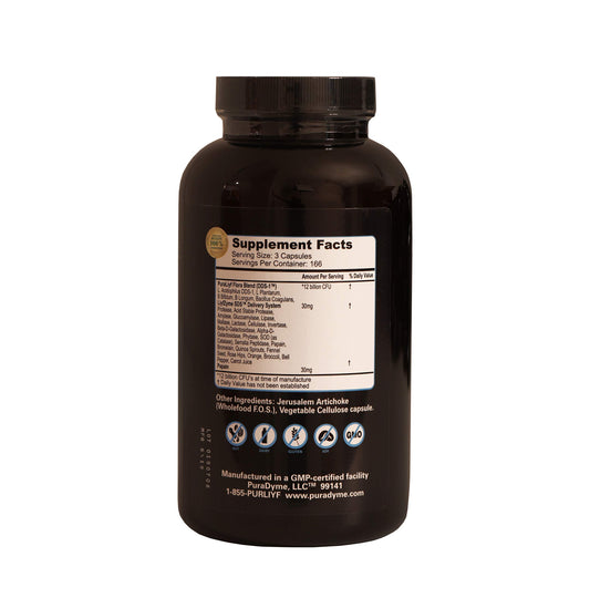 Puradyme PuraLiyf capsules closeup emphasizes enzyme-enhanced probiotics for digestion support.