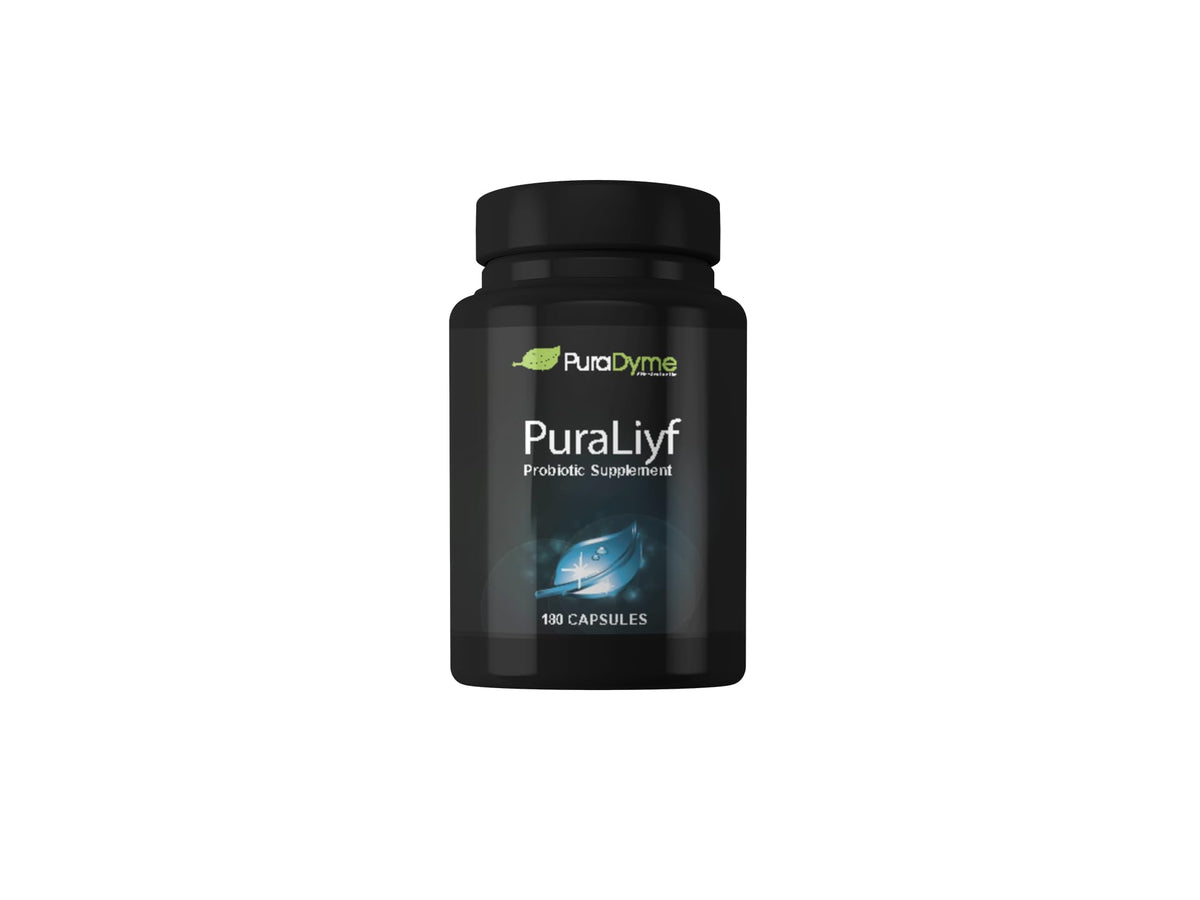 PuraDyme PuraLiyf Digestive Enzymes bottle front for digestion support with proteolytic enzymes.