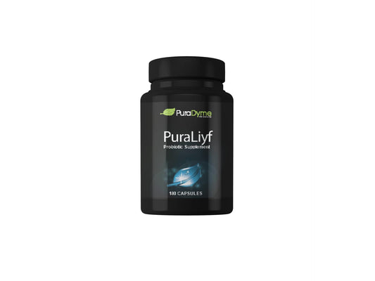 PuraDyme PuraLiyf Digestive Enzymes bottle front for digestion support with proteolytic enzymes.