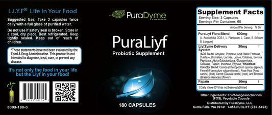 PuraDyme PuraLiyf Probiotics label close-up shows multi-strain formula supporting gut balance.