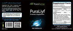 PuraDyme PuraLiyf Probiotics label close-up shows multi-strain formula supporting gut balance.