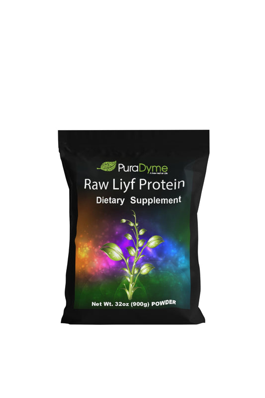 Puradyme Raw Liyf Protein 900g tub supports plant-based nutrition for workouts.