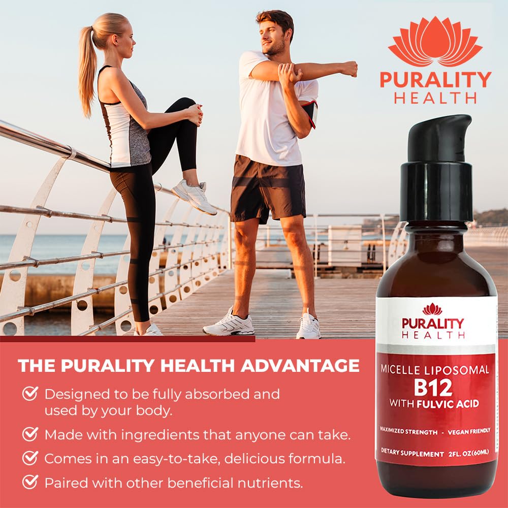 Purality Health B12 liquid with pump showing easy daily dosing