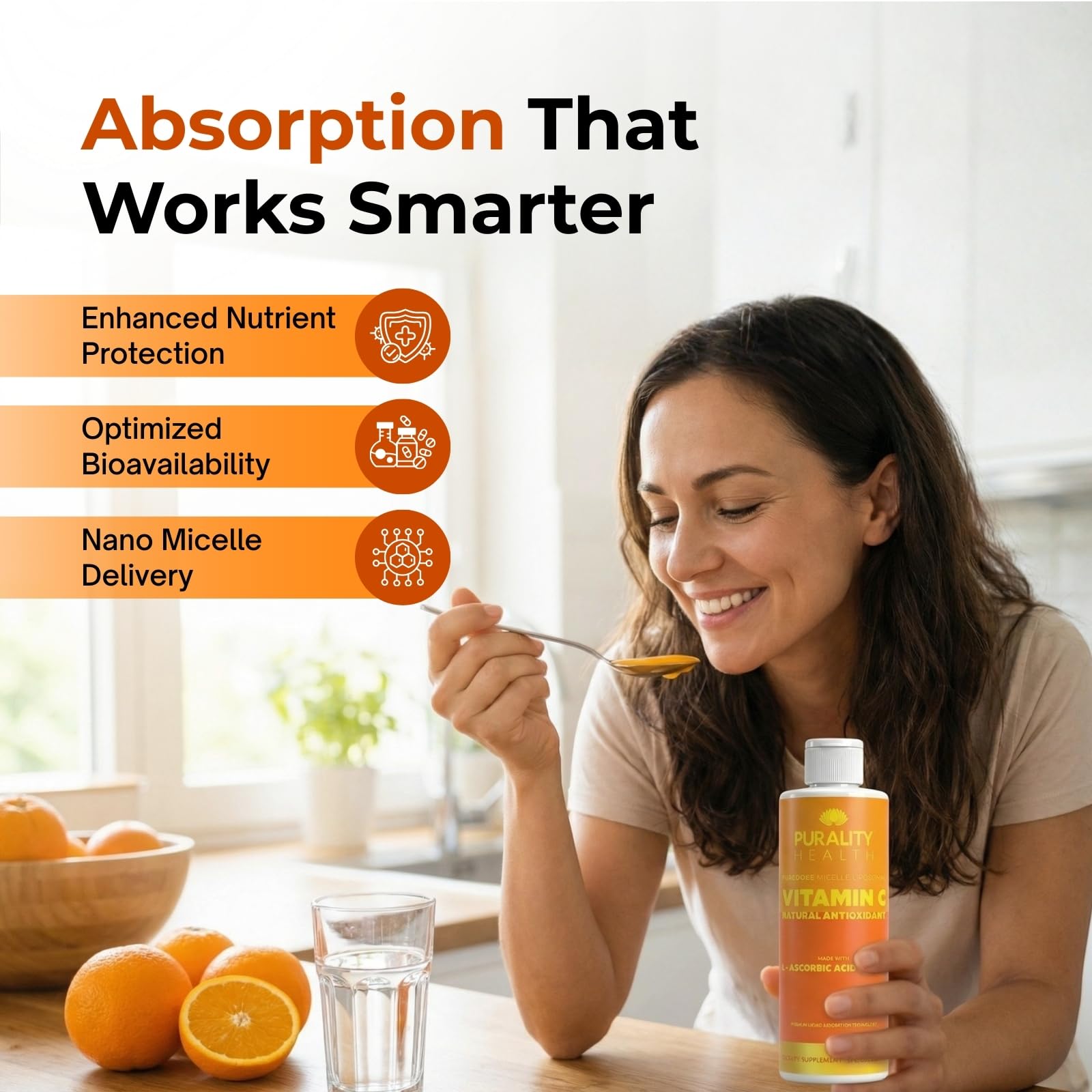 Purality Health bottle beside glass of juice in kitchen