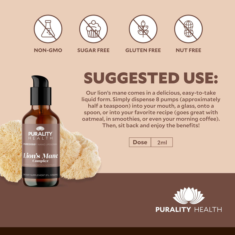 PURALITY HEALTH Lion’s Mane Complex label shows premium ingredients.