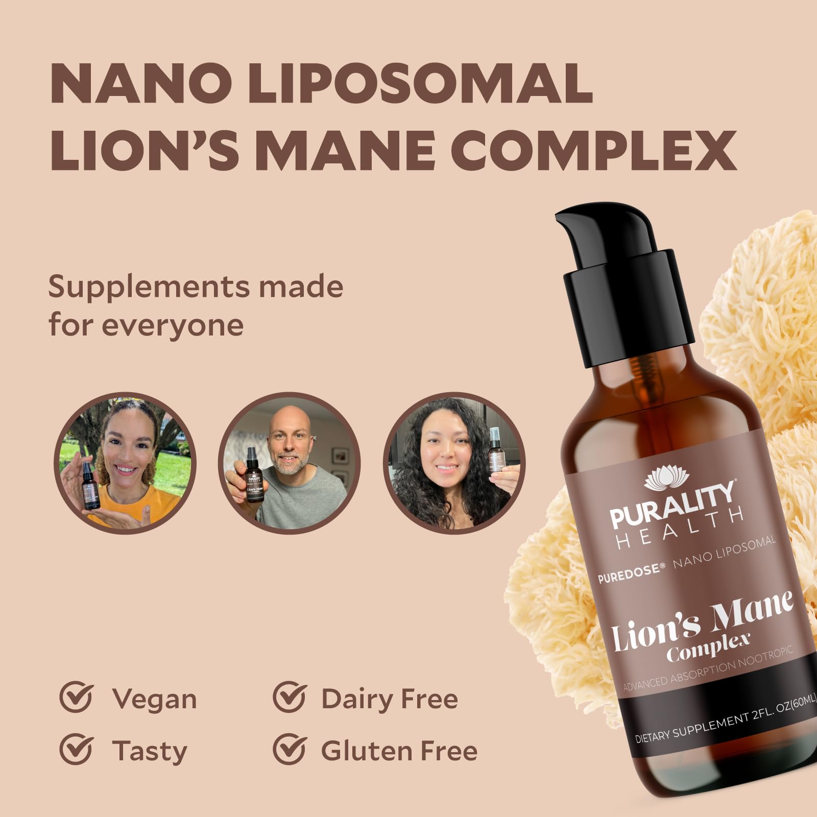 PURALITY HEALTH Lion’s Mane Complex serving cup with mocha flavor.