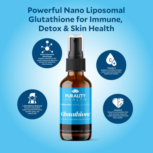 Pouring PURALITY HEALTH liposomal nano glutathione into a glass for easy daily use.