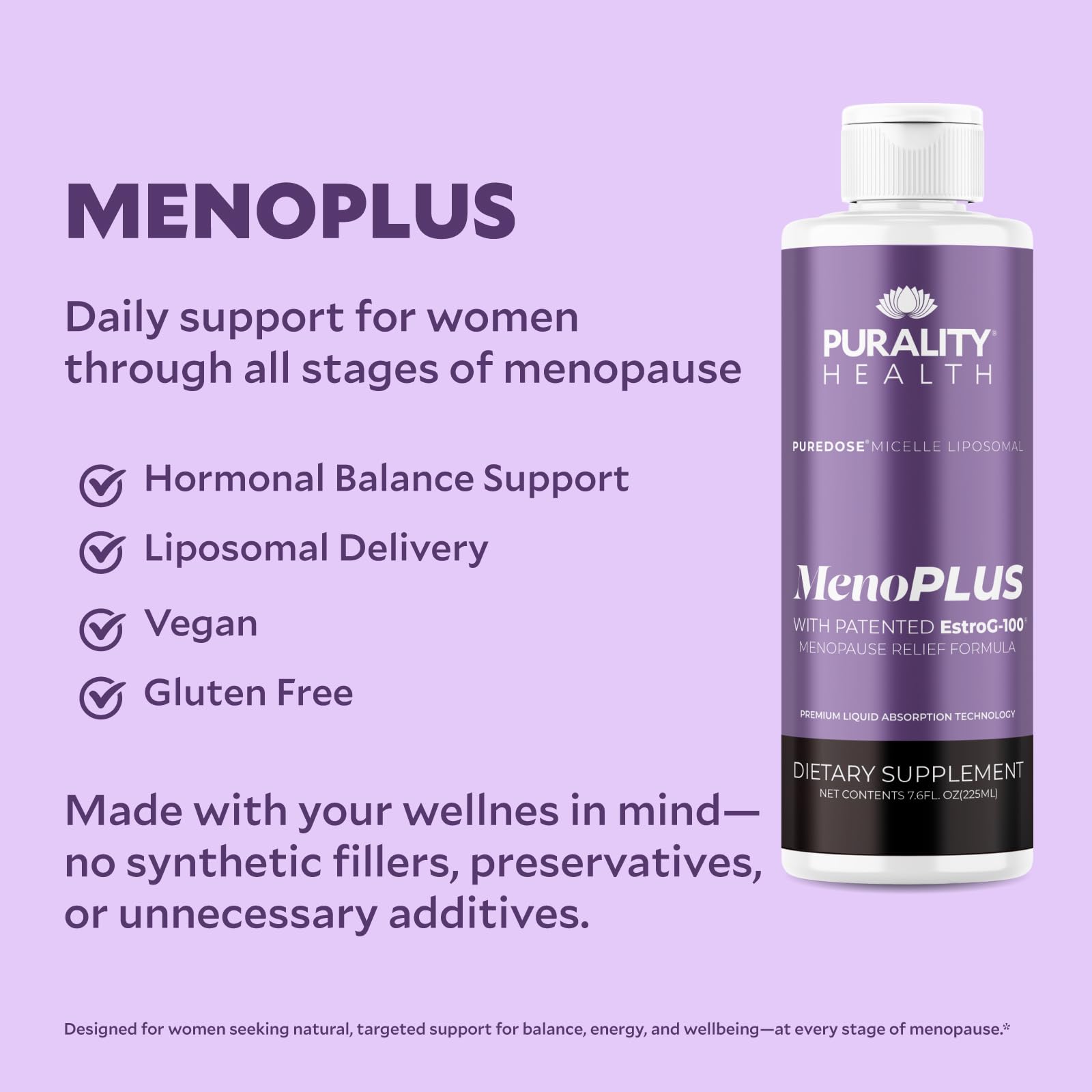 PURALITY HEALTH MenoPLUS glass with juice ready for daily routine.