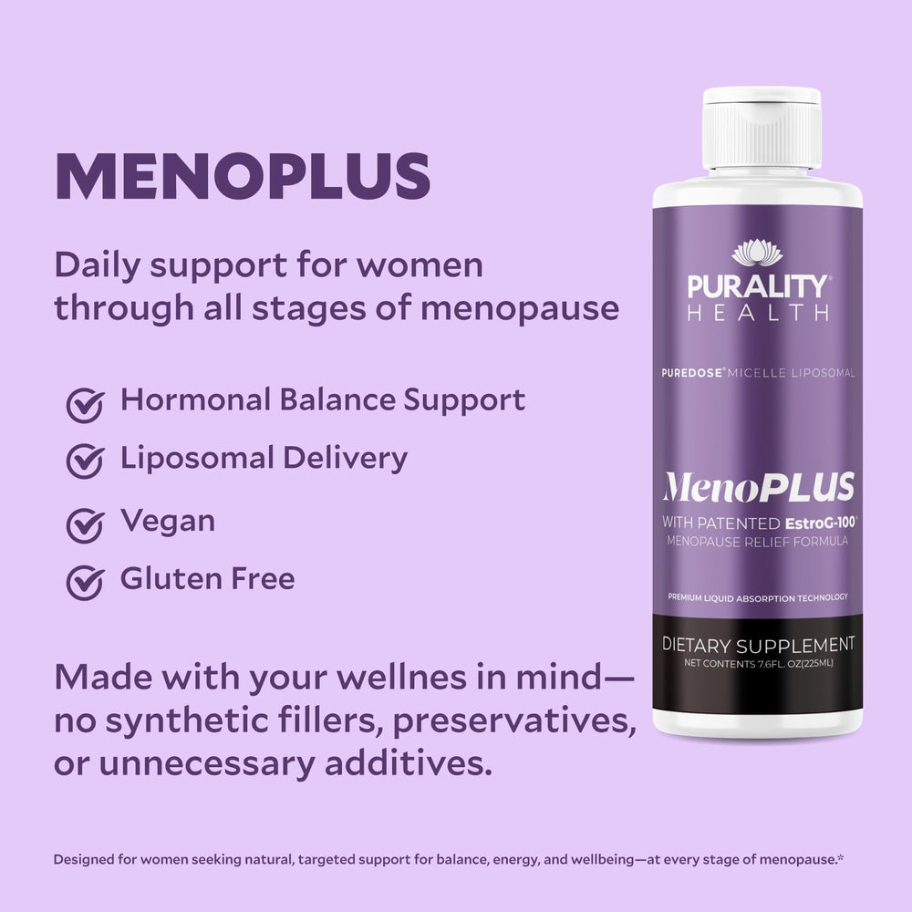 PURALITY HEALTH MenoPLUS glass with juice ready for daily routine.