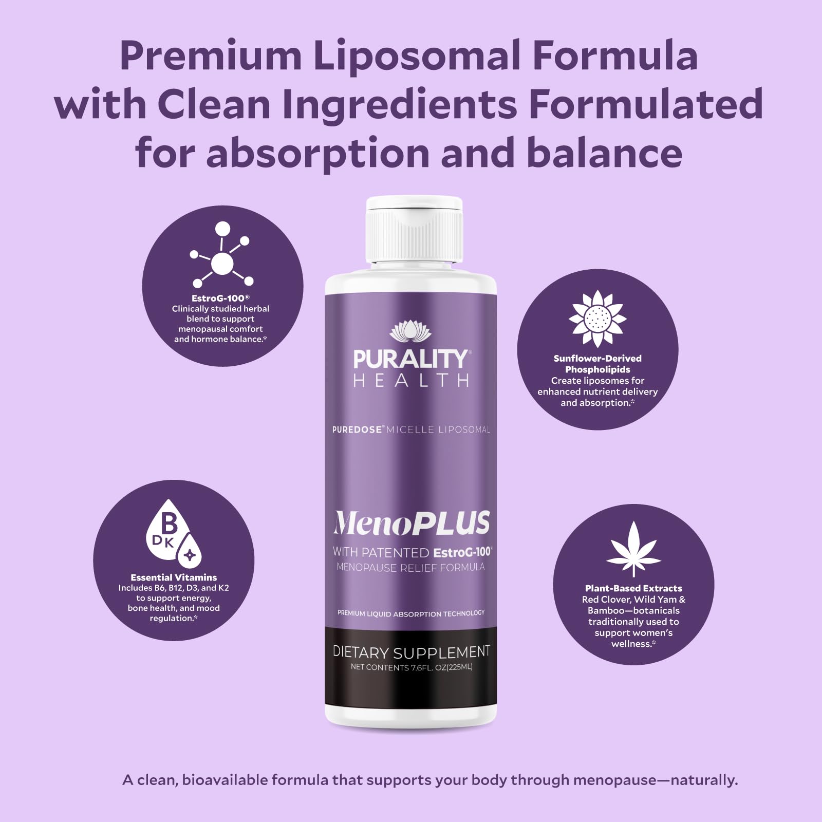 PURALITY HEALTH MenoPLUS label closeup highlighting vegan and clean ingredients.