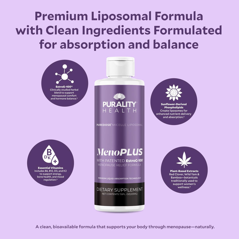 PURALITY HEALTH MenoPLUS label closeup highlighting vegan and clean ingredients.