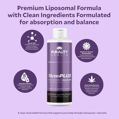 PURALITY HEALTH MenoPLUS label closeup highlighting vegan and clean ingredients.