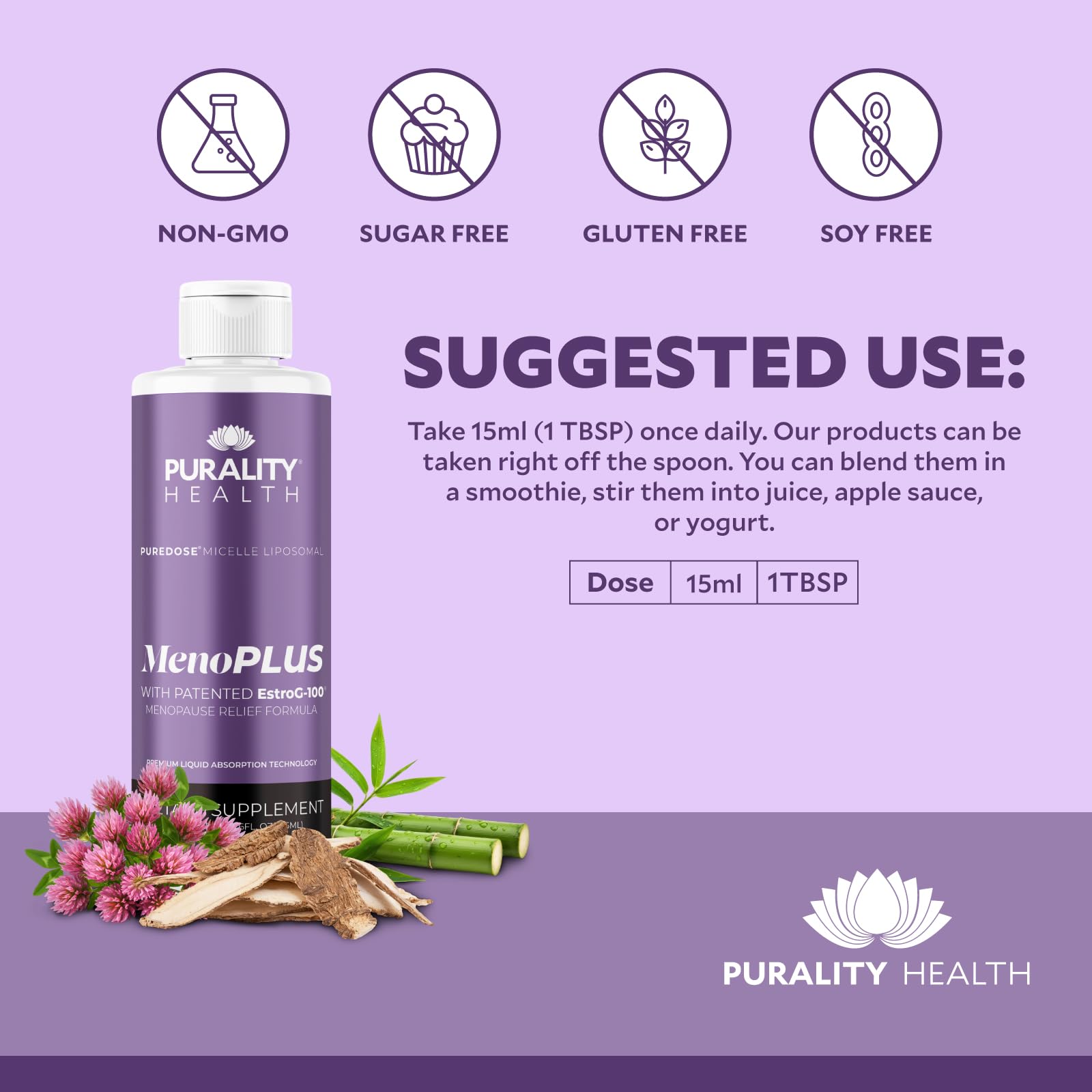 PURALITY HEALTH MenoPLUS liposomal formula blends easily into smoothies for daily supplementation.