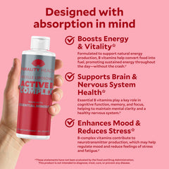 Purality Health B Complex bottle with berry pour suggests quick additive use.