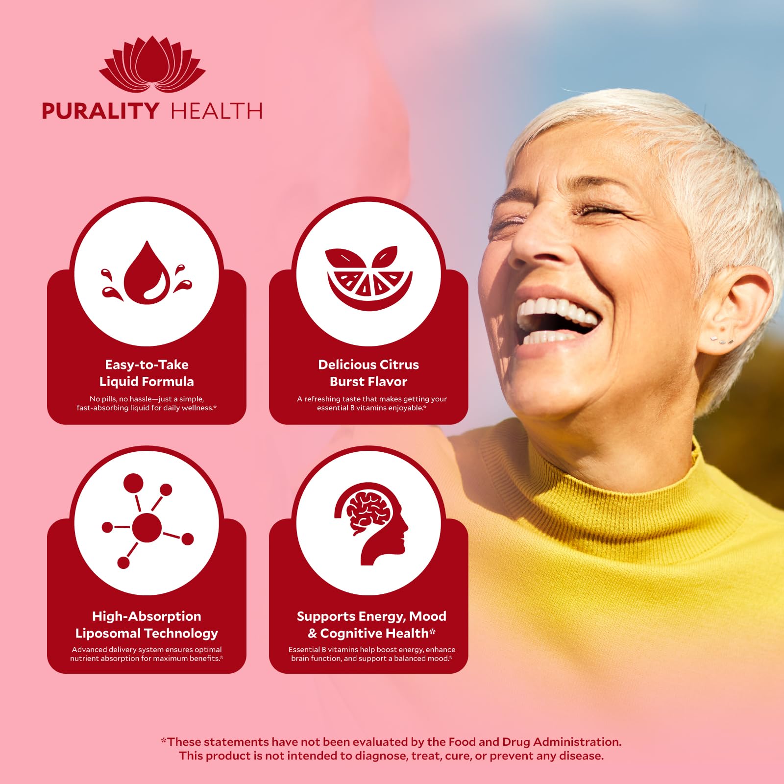 Purality Health Vitamin B Complex bottle on recyclable packaging highlights sustainability.