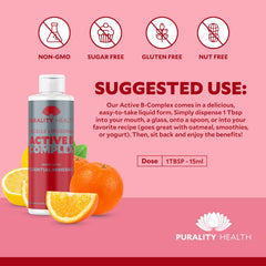 Purality Health Vitamin B Complex bottle front view highlights berry flavor and branding.