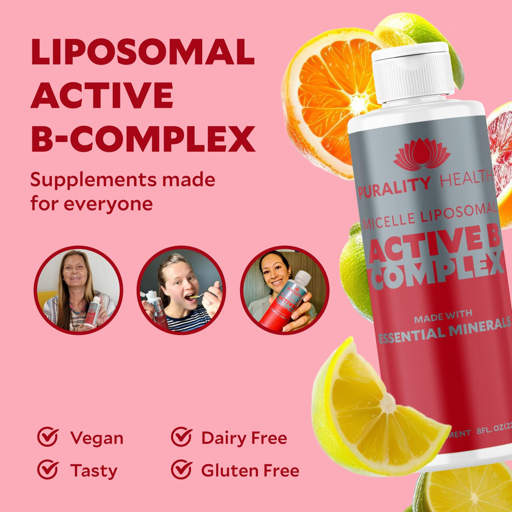 Purality Health B Complex bottle close-up label emphasizes vegan, sugar-free formulation.