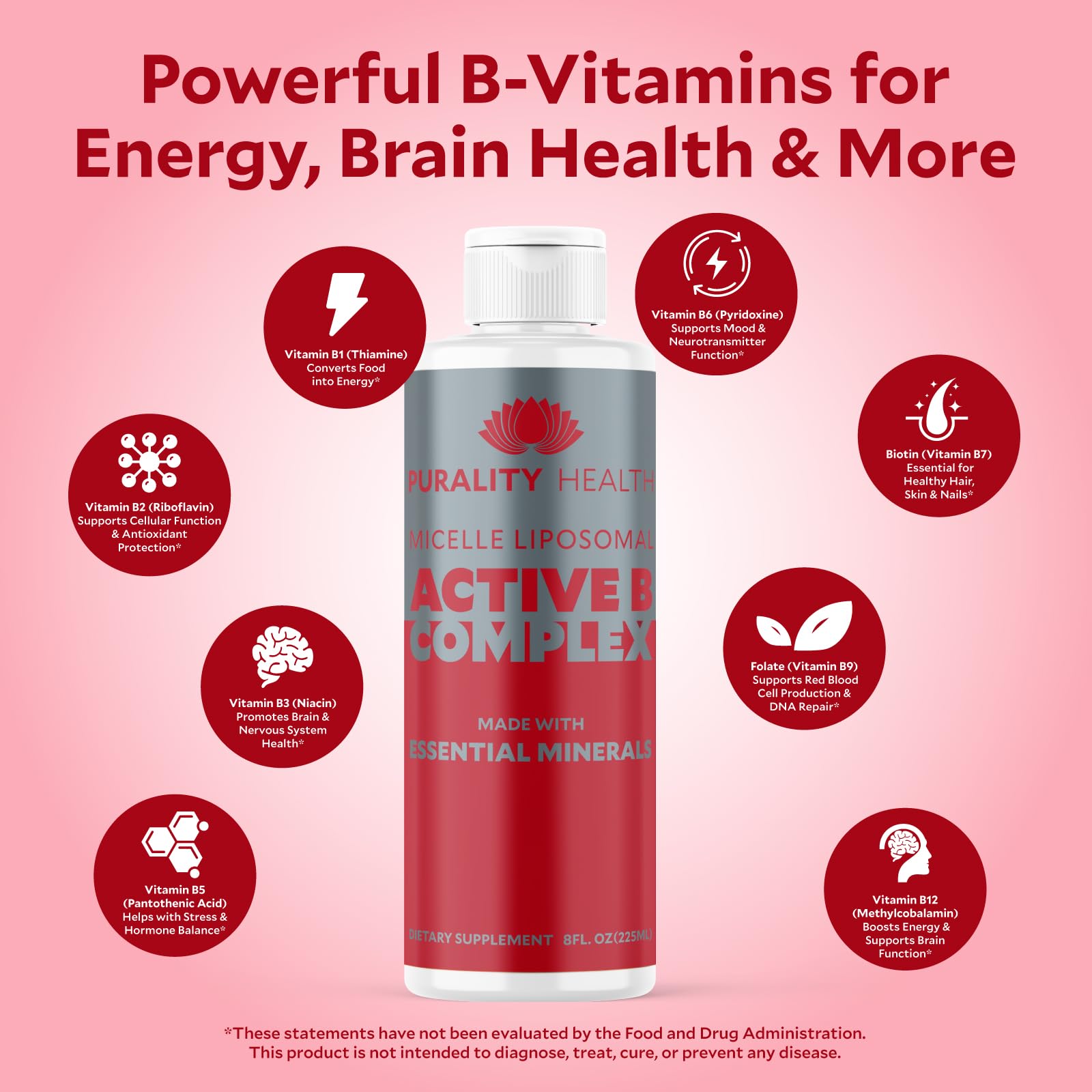 Purality Health Vitamin B Complex in glass with water conveys easy mixing.