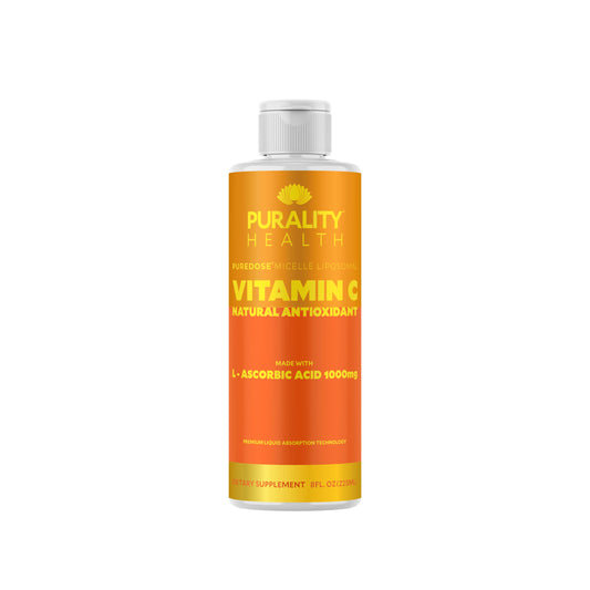 Purality Health Vitamin C bottle highlighting 1000mg liposomal formula for absorption