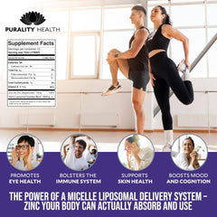 PURALITY HEALTH zinc bisglycinate ingredient label highlights vegan and gluten-free formula.