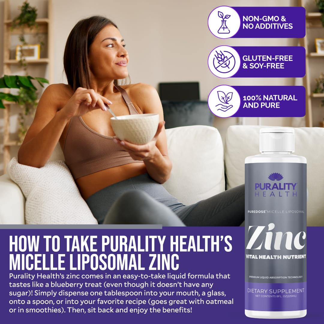 PURALITY HEALTH Liposomal Zinc bottle label emphasizes 15 mg per serving.