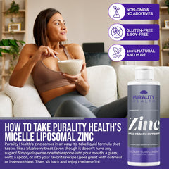 PURALITY HEALTH Liposomal Zinc bottle label emphasizes 15 mg per serving.