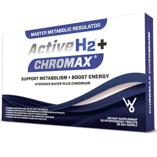 Purative Active H2+ Chromax tablets dissolving in water to support metabolic balance and energy.