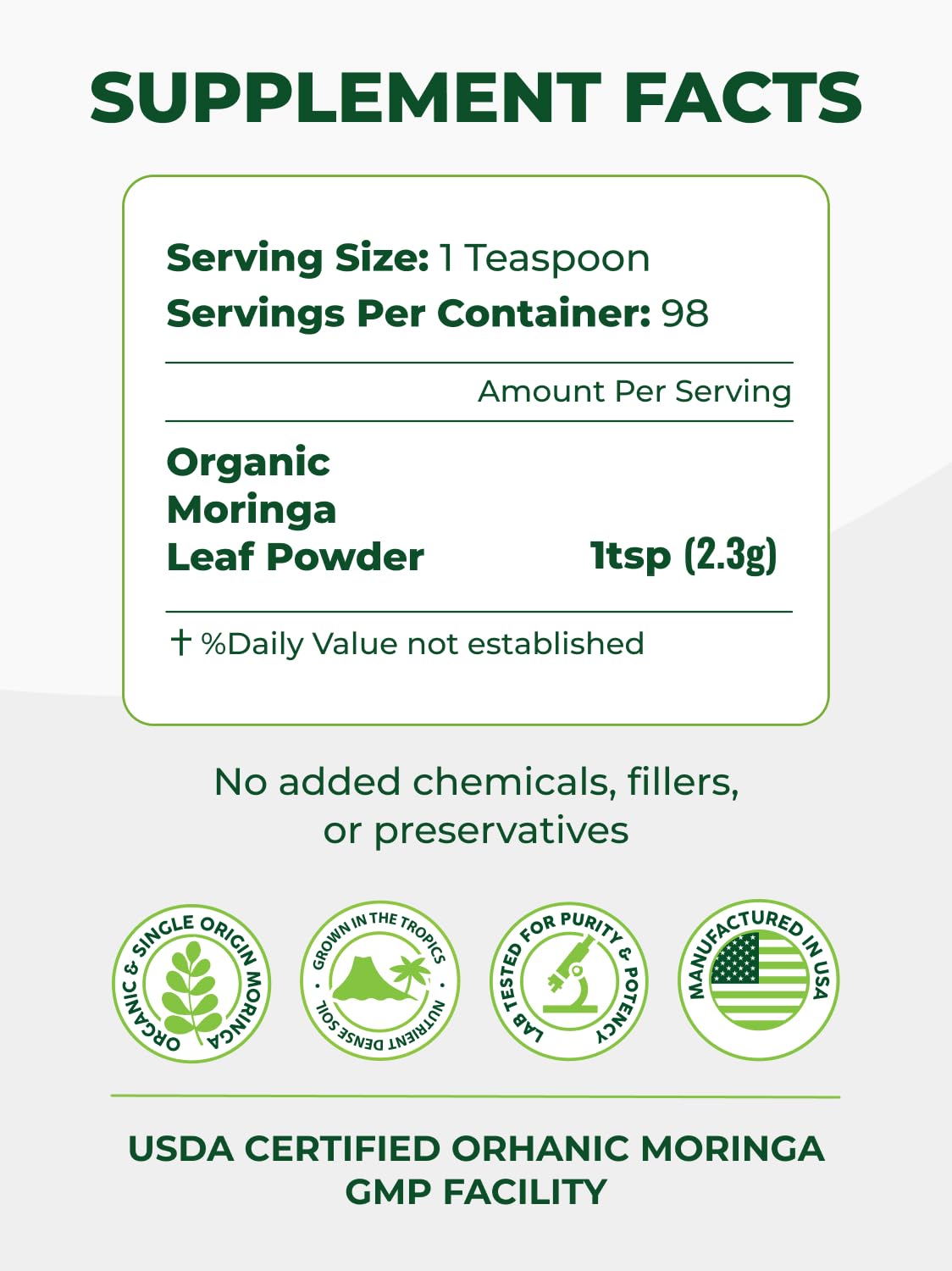 PURA VIDA MORINGA powder close-up reveals vibrant green color