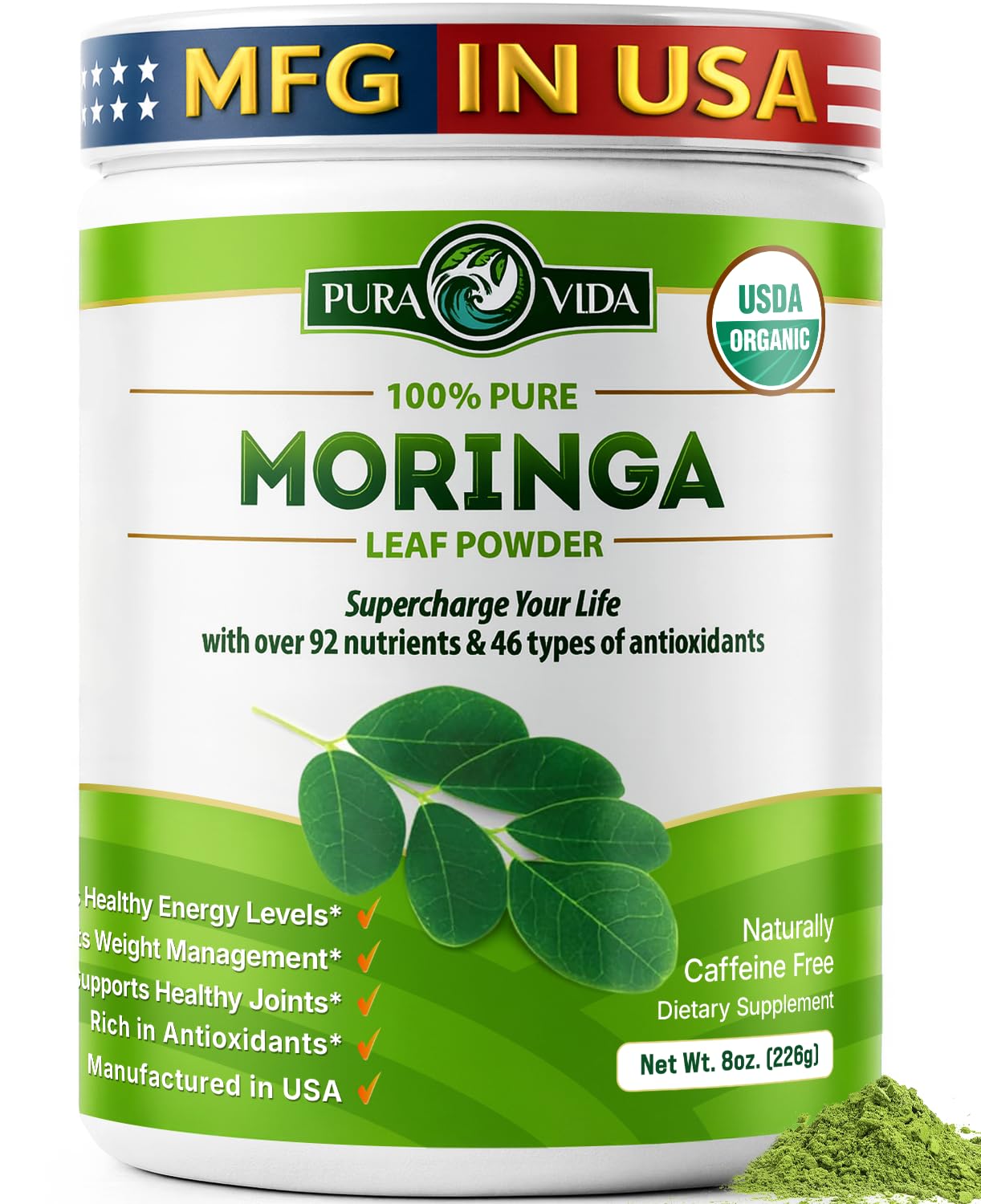 PURA VIDA MORINGA bag shows single-origin leaves for a nutrient-dense smoothie boost