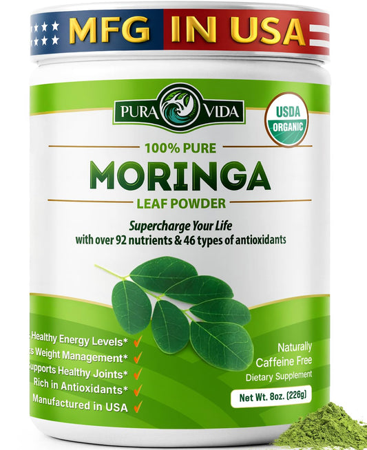 PURA VIDA MORINGA bag shows single-origin leaves for a nutrient-dense smoothie boost