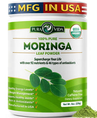 PURA VIDA MORINGA bag shows single-origin leaves for a nutrient-dense smoothie boost