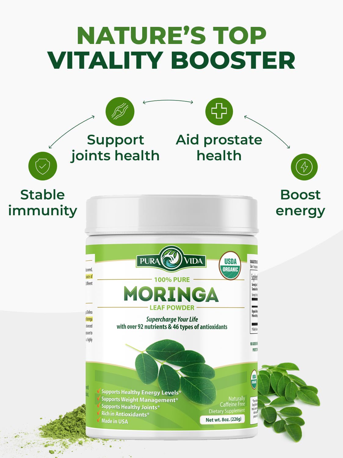 PURA VIDA MORINGA powder stirred into a smoothie for versatility
