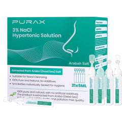 PURAX 3% saline ampoules box ready for quick nasal cleansing on the go.