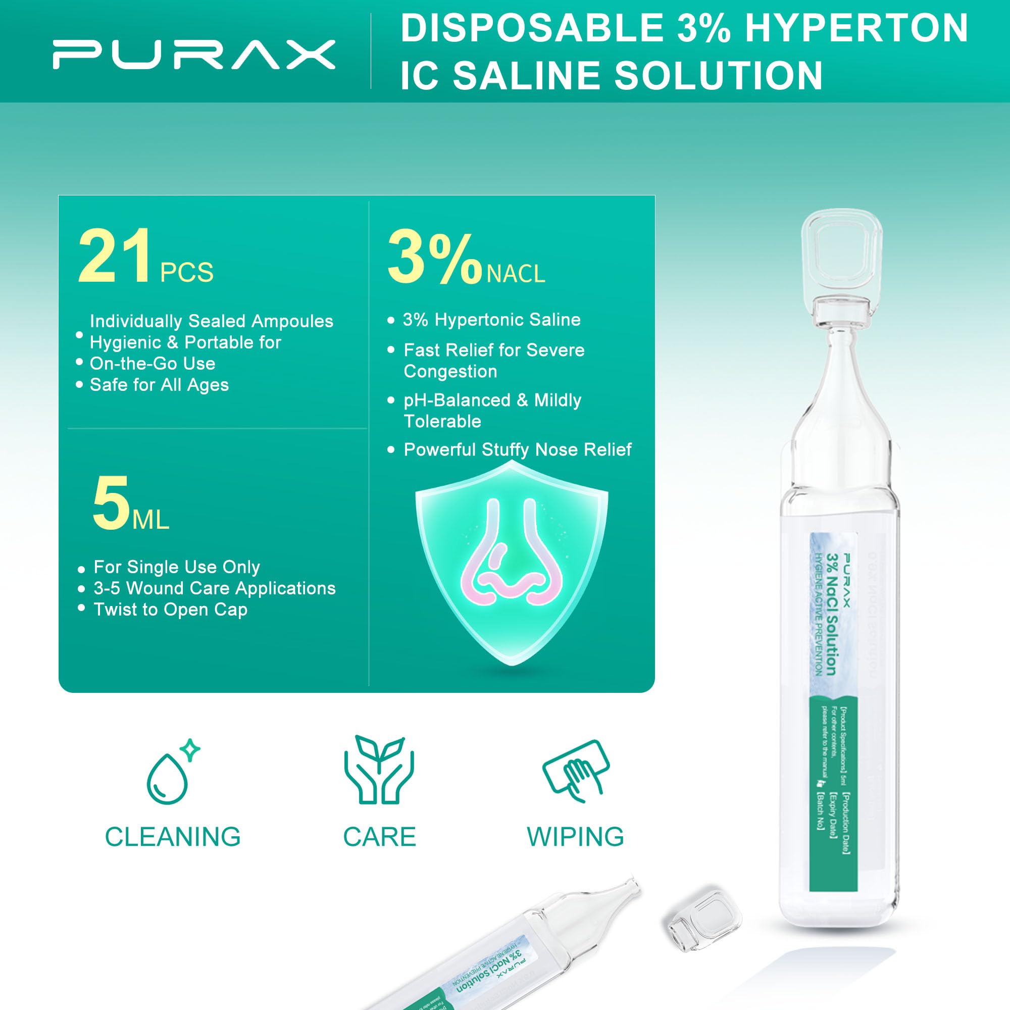 PURAX travel pack of 5ml ampoules supports portable nasal care during travel.