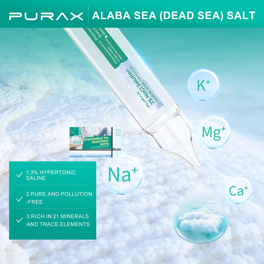 Step-by-step usage image shows PURAX nasal rinse for simple daily relief.