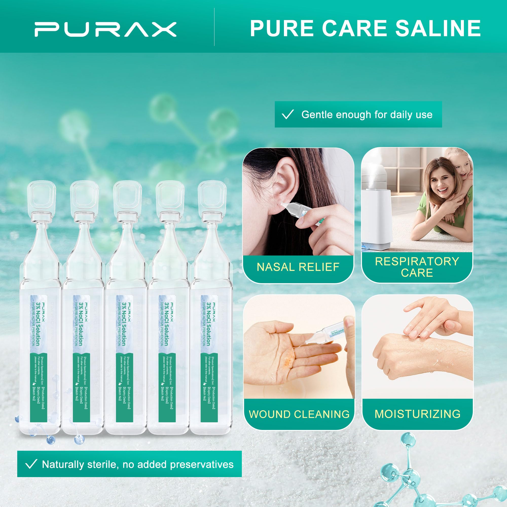Pure sea salt ingredients in PURAX saline solution for natural daily nasal hygiene.