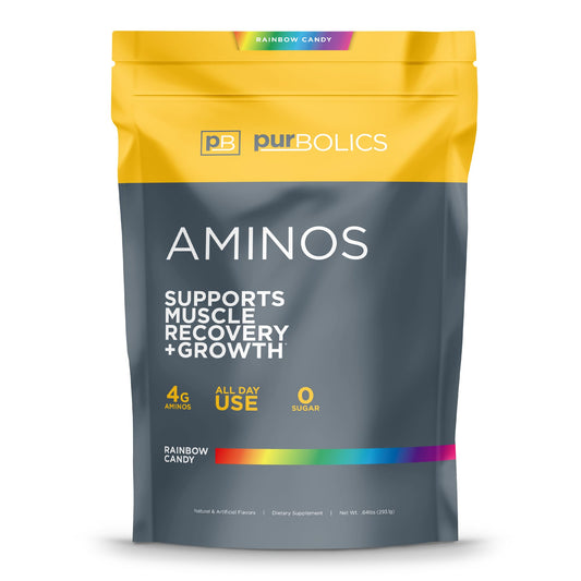 Purbolics Aminos Rainbow Candy bottle for 60 servings supports daily hydration.