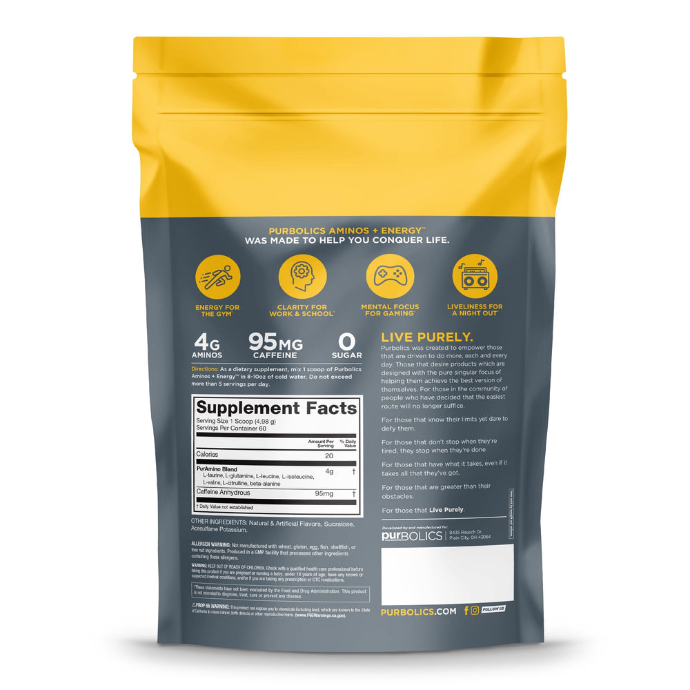 Purbolics Aminos Energy 60 servings packaging for daily all-day energy
