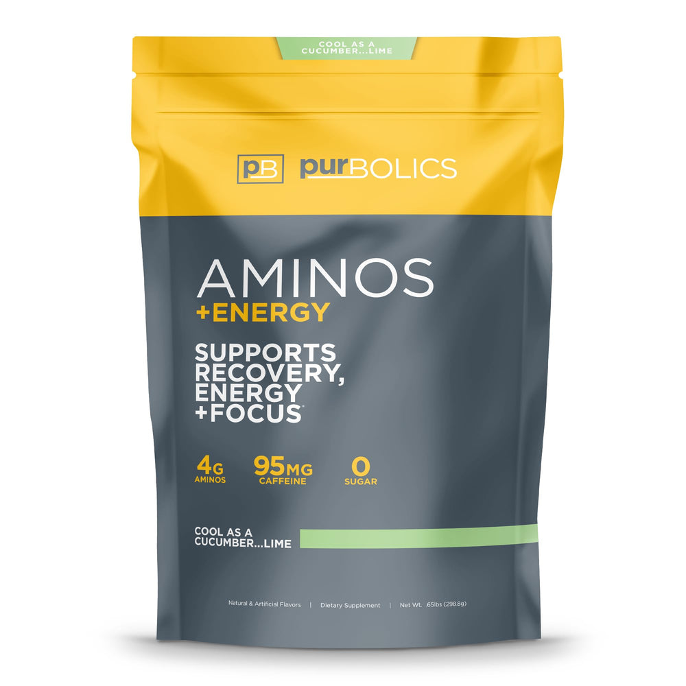 Purbolics Aminos + Energy bottle with cool cucumber-lime flavor for focused daytime use