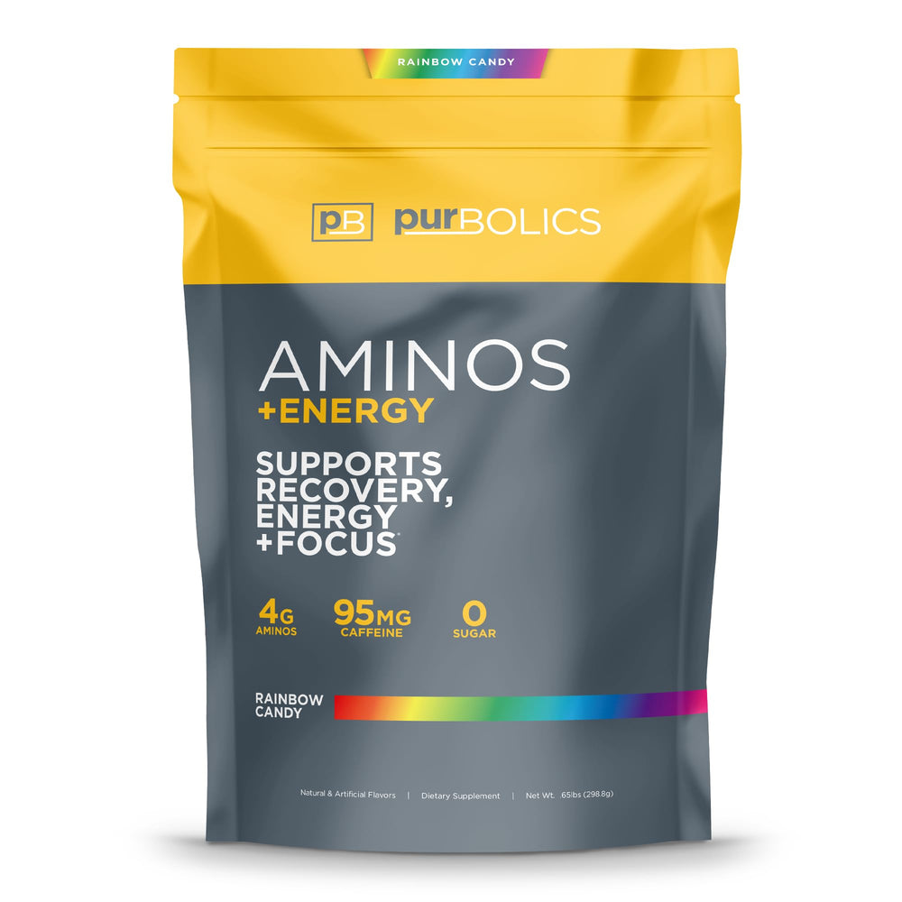 Purbolics Aminos Energy Rainbow Candy bottle front view for focused performance.