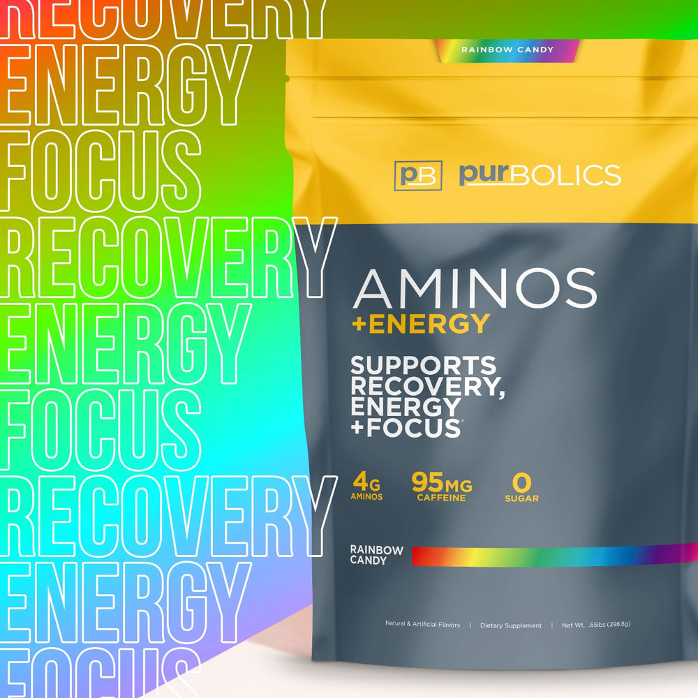 Purbolics Aminos Energy Rainbow Candy label close-up highlighting 60 servings.