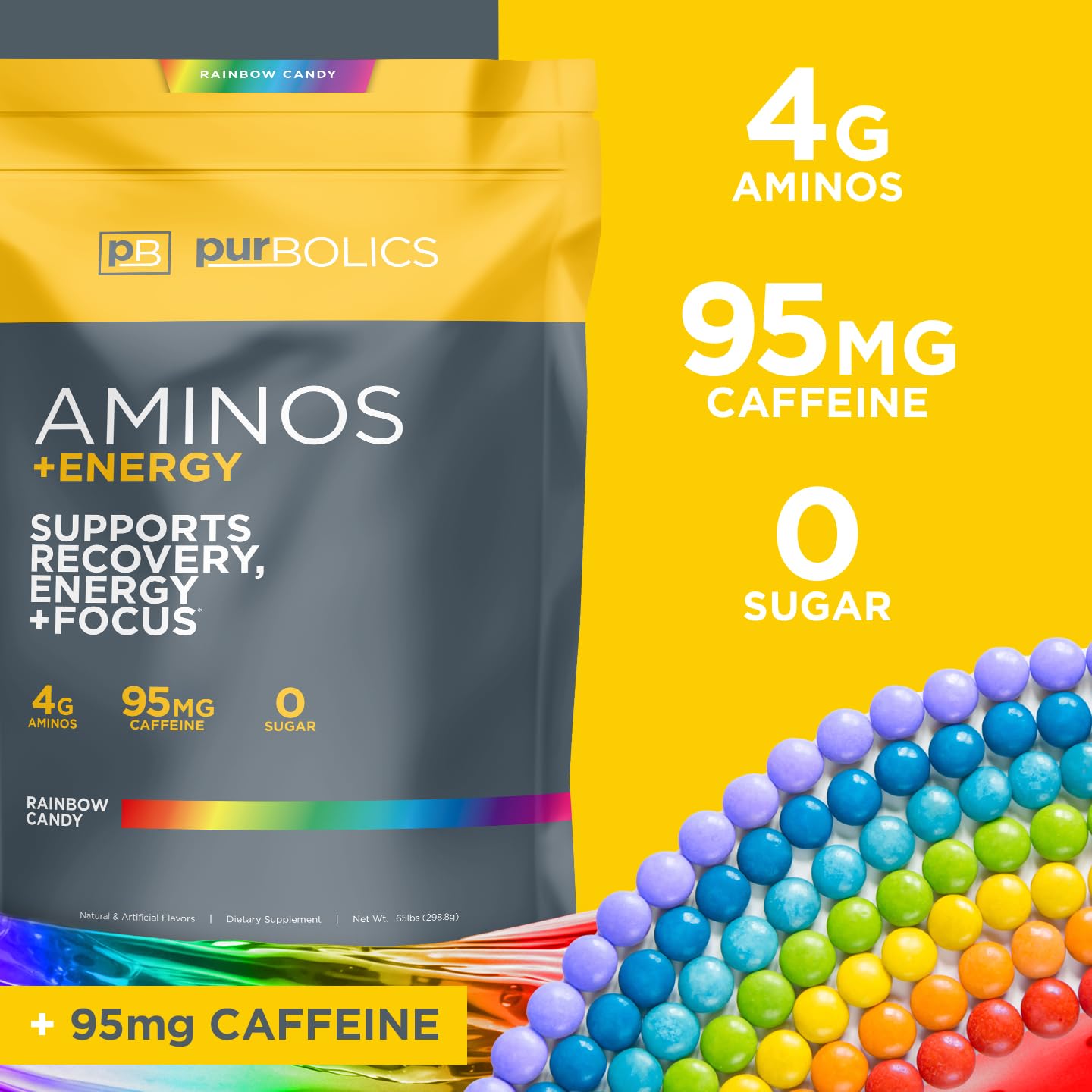 Purbolics Aminos Energy Rainbow Candy scoop beside powder for convenient mixing.
