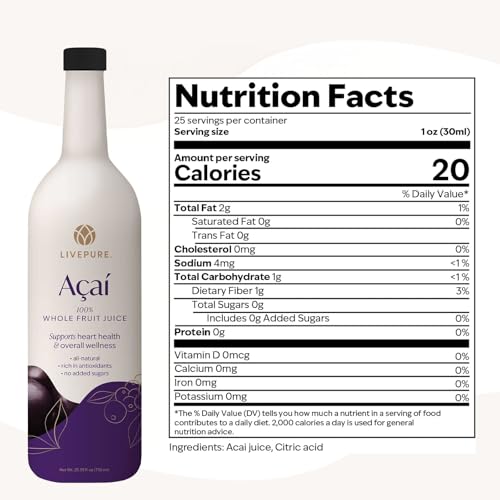 PURE Acai juice ingredients label close-up highlighting vegan, gluten-free nutrients
