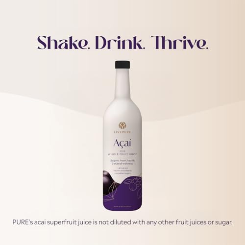 PURE Acai juice bottle on kitchen counter with Kosher and gluten-free icons
