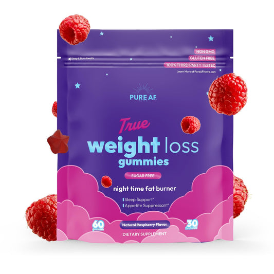Pure AF Nutra Night Time Fat Burner Gummies bottle front showing nighttime metabolism support
