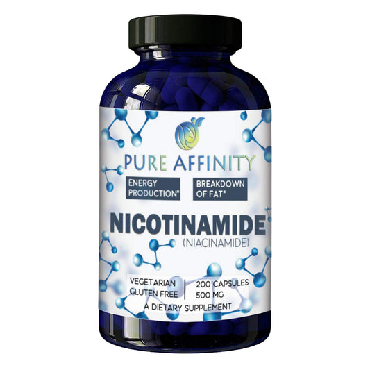 Pure Affinity B3 Nicotinamide 200-count bottle on shelf for convenient daily use